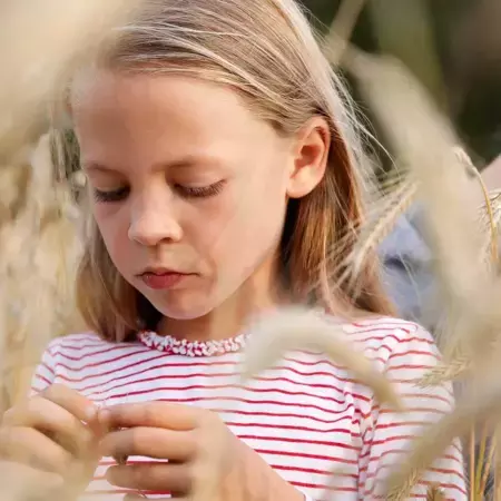 une petite fille dans un champ en train d’examiner du blé