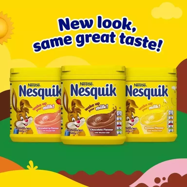 New look, same great taste! Nesquik Milkshake Powders showing chocolate, strawberry and banana powders.